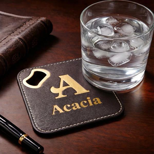Custom Engraved Leatherette Greek Coasters w/ Bottle Opener