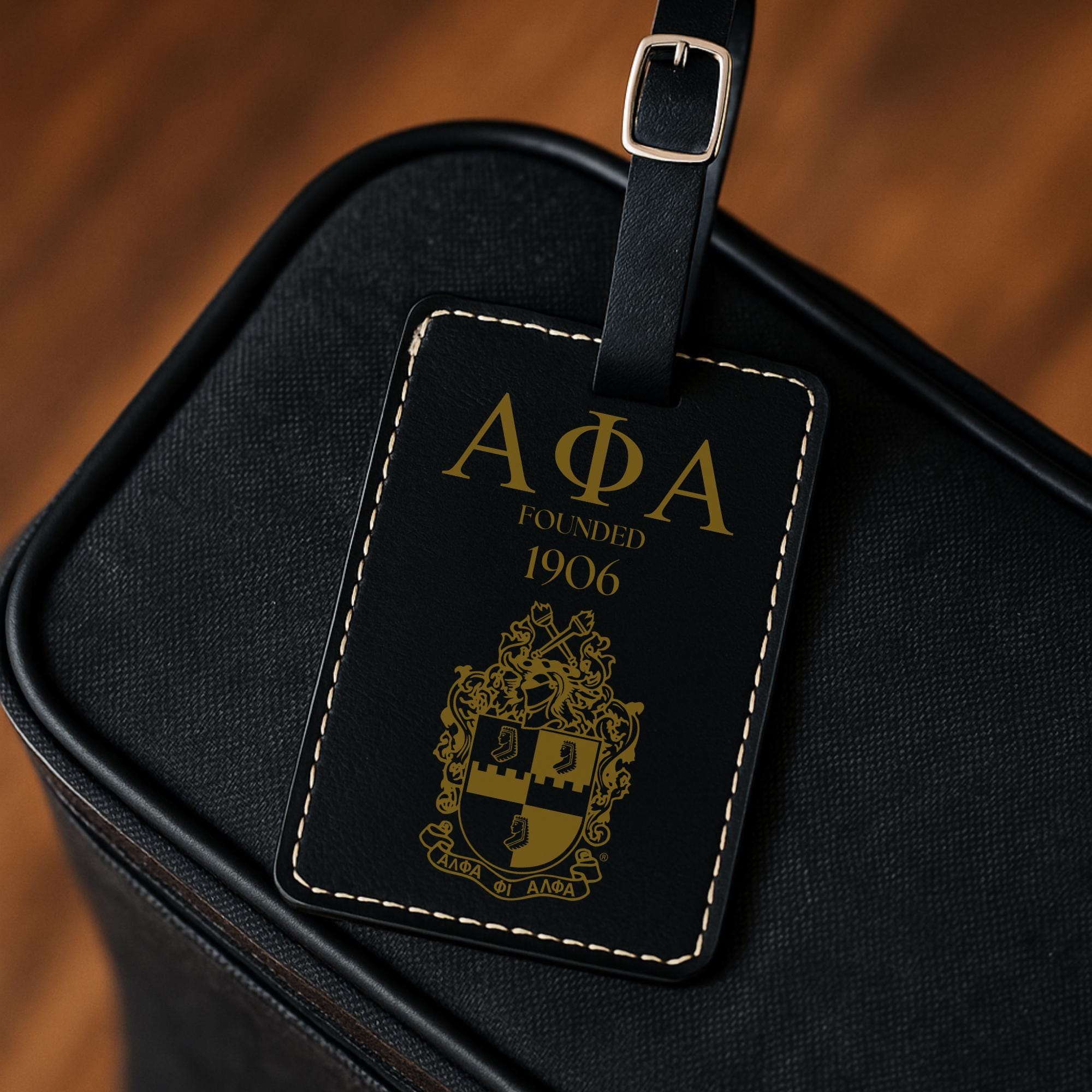 Alpha Phi Alpha Custom Engraved Black And Gold Luggage Tags- Personalized Black Engraved Travel Accessory, APA Fraternity Gift