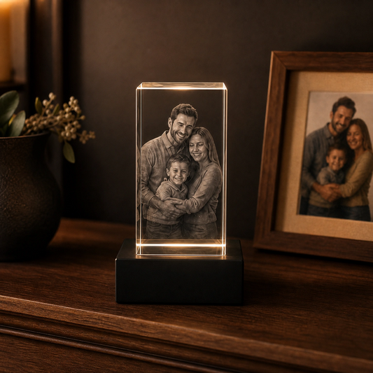 Custom 3D engraved crystal glowing on LED base — personalized keepsake