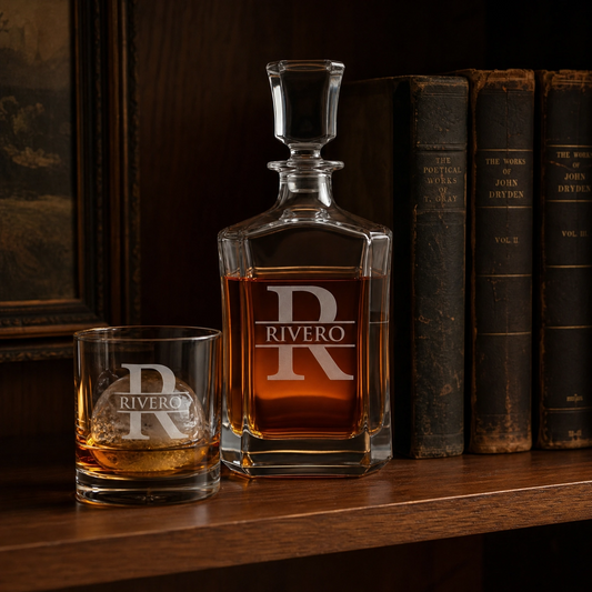 Custom engraved whiskey decanter — engraving detail with amber whiskey