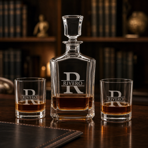 Custom engraved whiskey decanter set with lowball glasses on walnut desk — personalized retirement gift