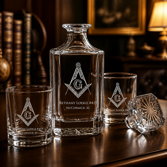 Mason Decanter Set | Engraved Decanter & 2 Glasses | Masonic Gift