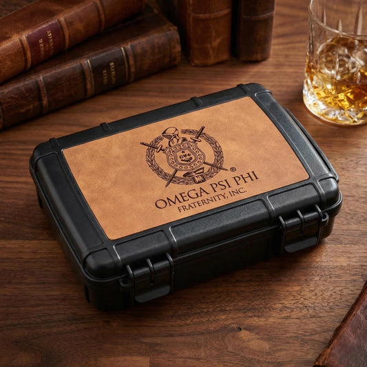 Omega Psi Phi Travel Cigar Case, Engraved Leatherette Top, Crush Proof Waterproof Airtight Seal - nuvisionkreations