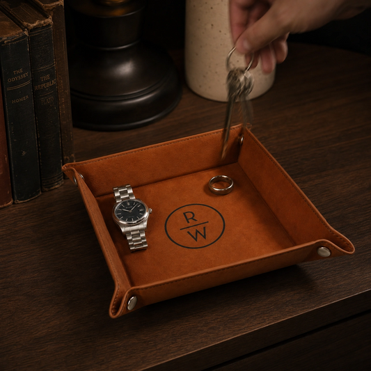 Custom engraved catch-all tray — engraving detail close-up