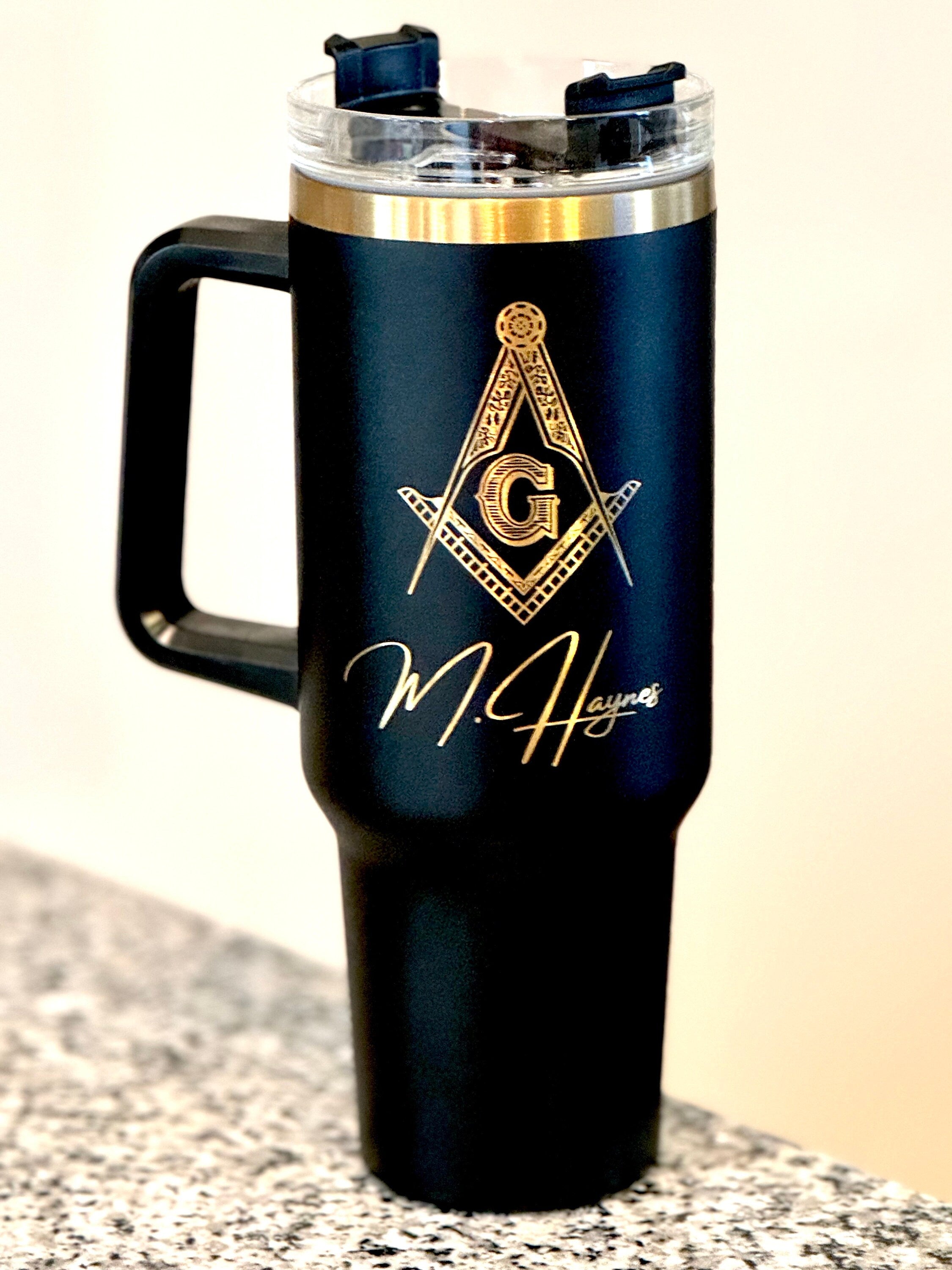 Custom Engraved Mason 40 oz Tumbler – Black and Gold or Blue & Gold - nuvisionkreations