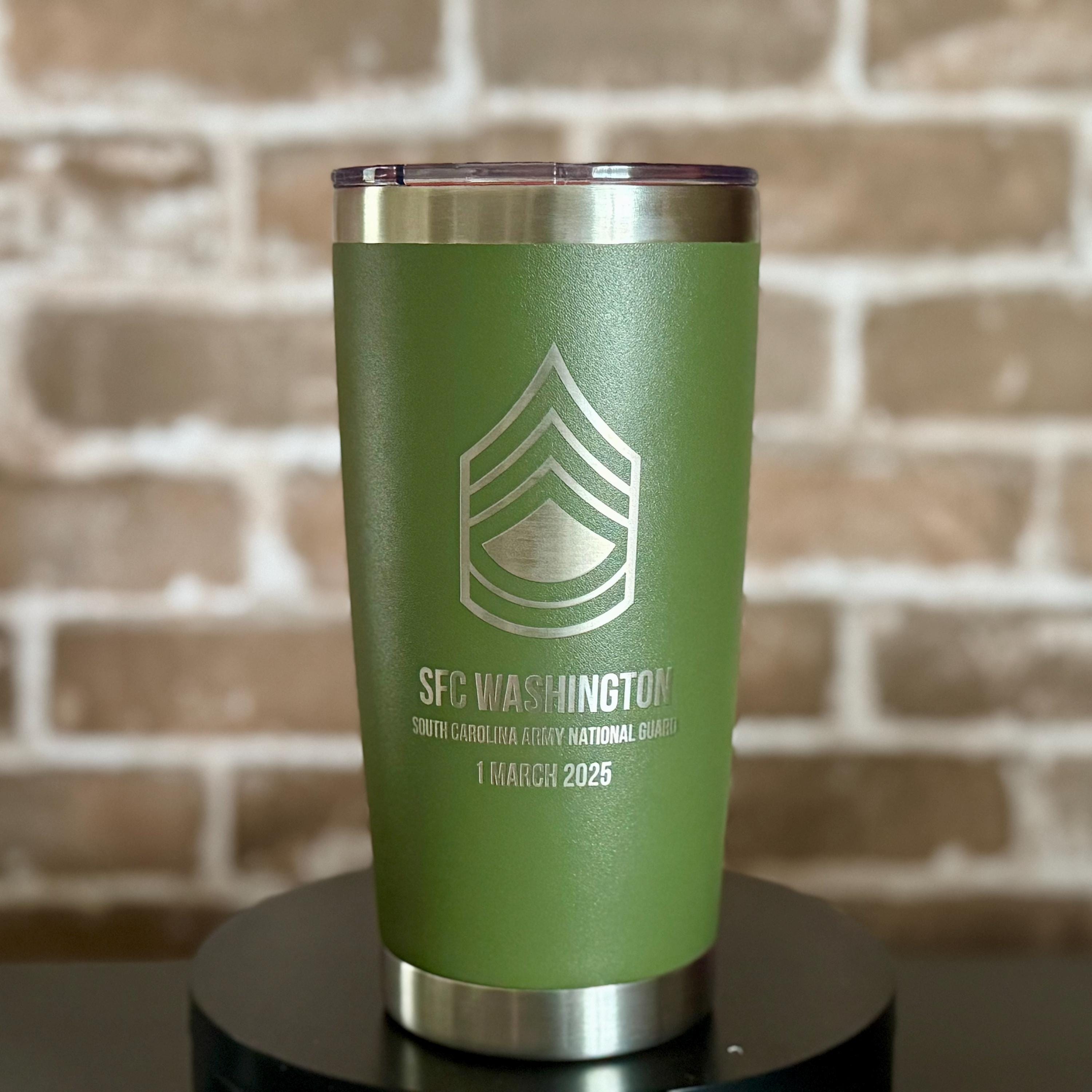 Custom Military Tumbler with Name & Rank – Personalized Engraved Gift for Army, Navy, Air Force, Marines, Coast Guard, Veterans
