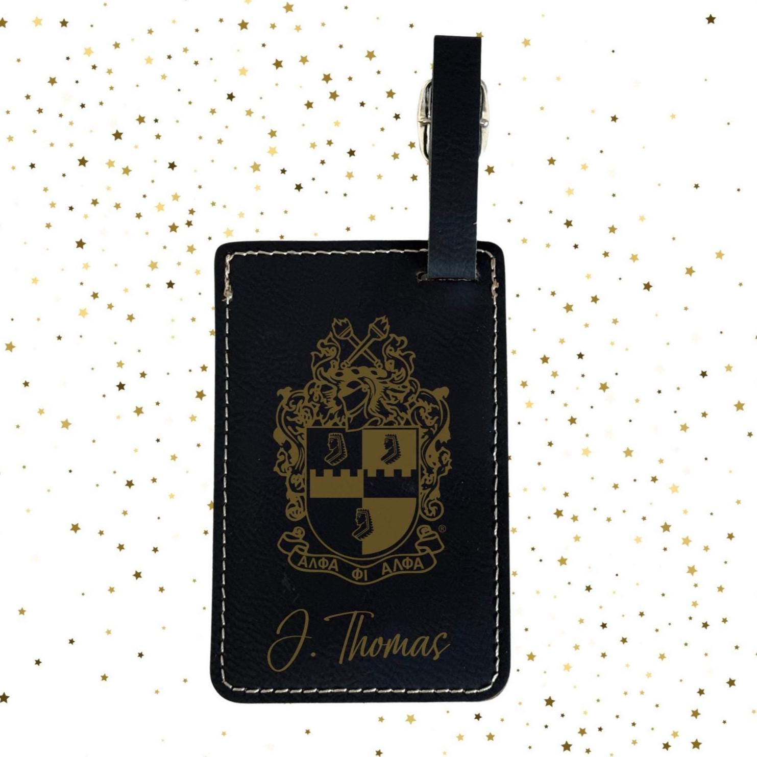 Alpha Phi Alpha Custom Engraved Black And Gold Luggage Tags- Personalized Black Engraved Travel Accessory, APA Fraternity Gift