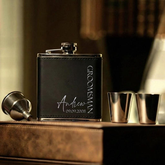 Personalized Leather Hip Flask 6oz, Custom Engraved Flask, Monogram or Name, Groomsmen Gift - nuvisionkreations