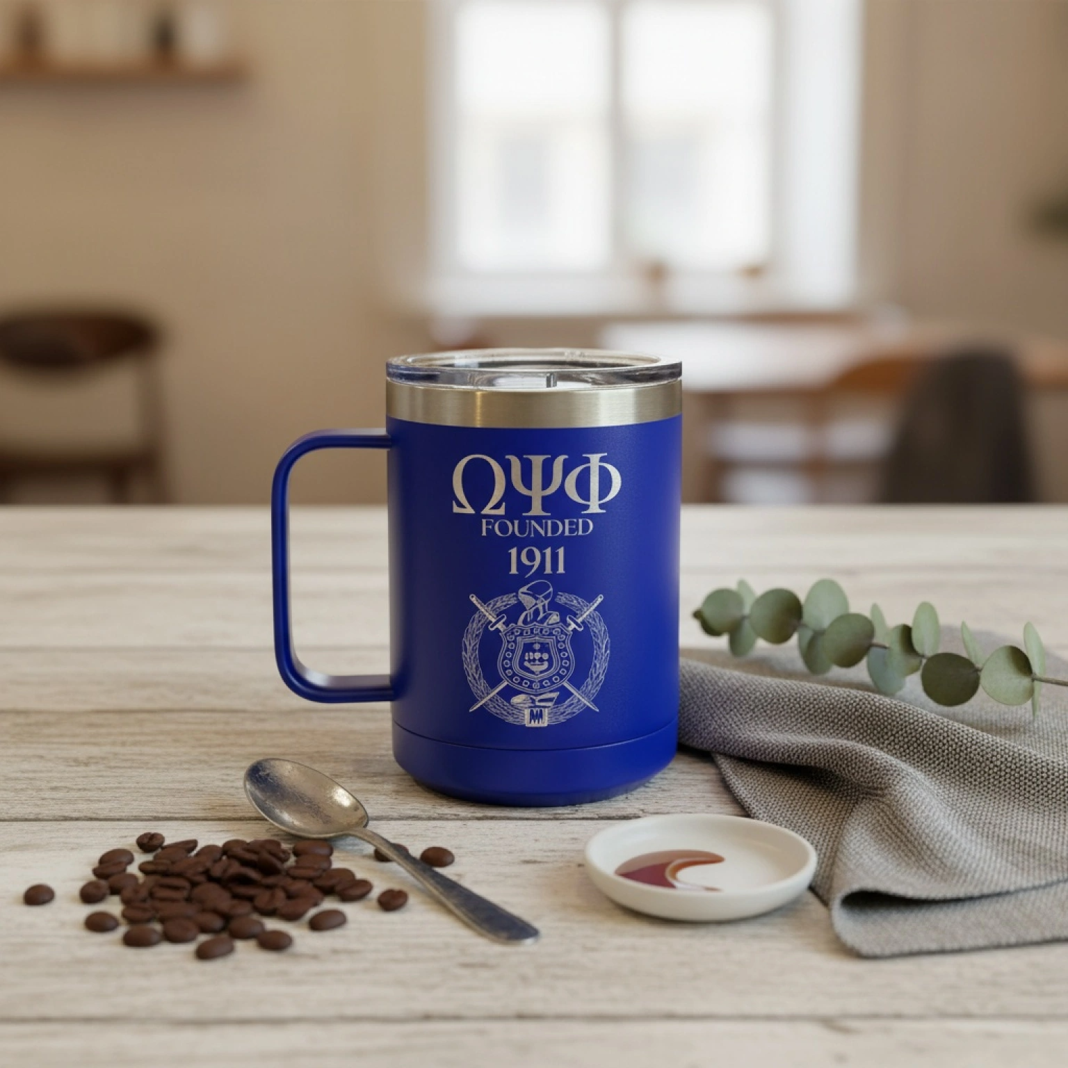 Custom Engraved Omega Psi Phi Coffee Mug – 15 oz