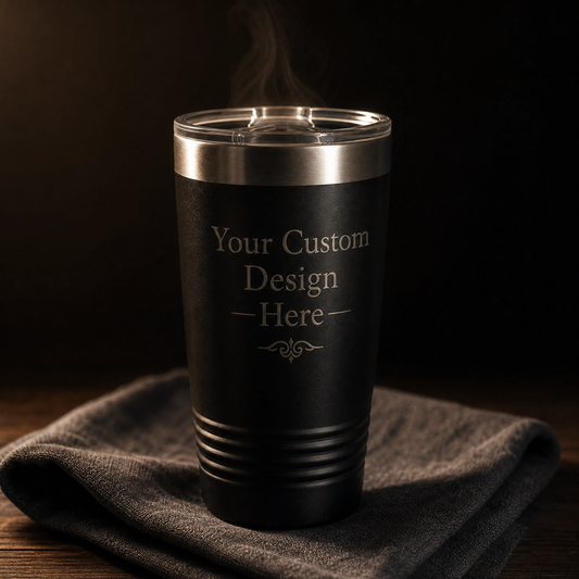 Custom engraved 20oz tumbler — engraving detail close-up