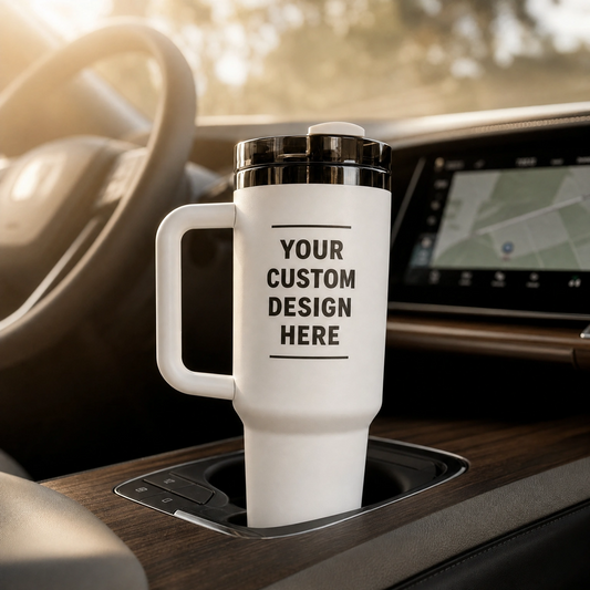 Custom engraved 40oz tumbler — engraving detail close-up