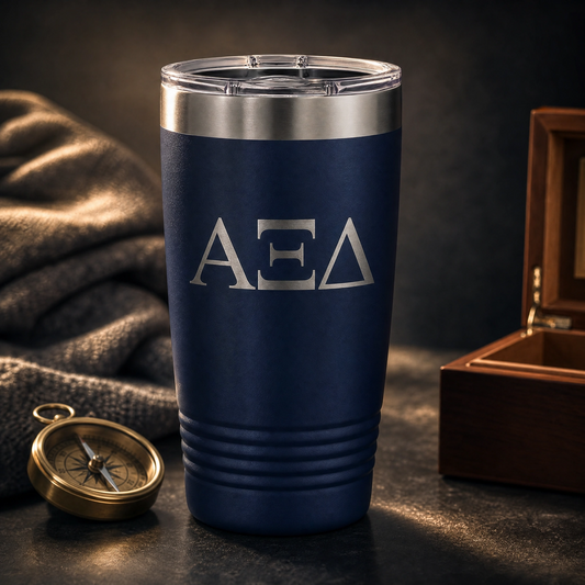 Blue tumbler with silver lettering on a dark surface with a compass and wooden box.