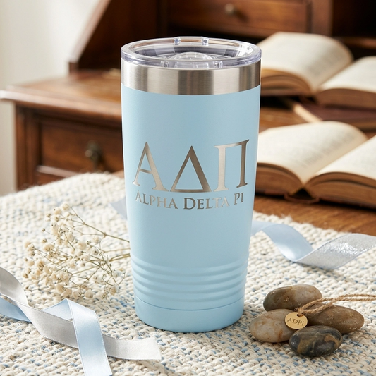 Light blue tumbler with 'Alpha Delta Pi' logo on a textured surface with stones and ribbon.