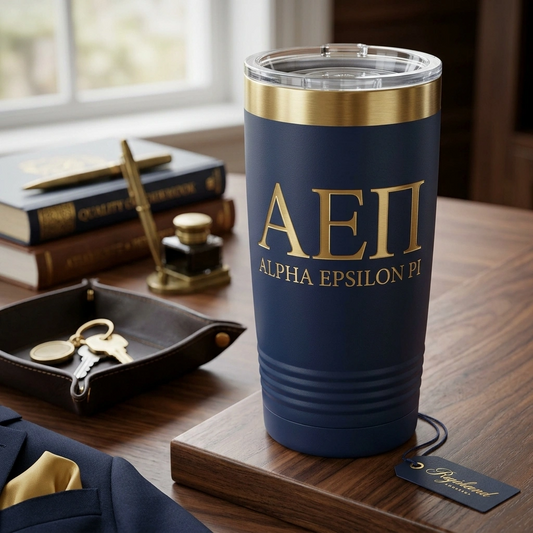 Blue tumbler with gold lettering on a wooden surface with books and keys in the background