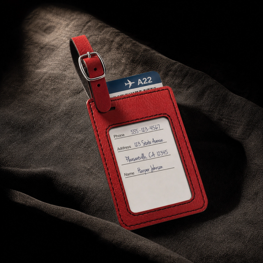 Custom engraved luggage tag on suitcase handle — personalized graduation gift