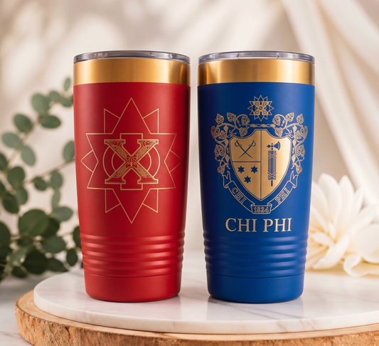 Red and blue tumblers with logos on a wooden surface