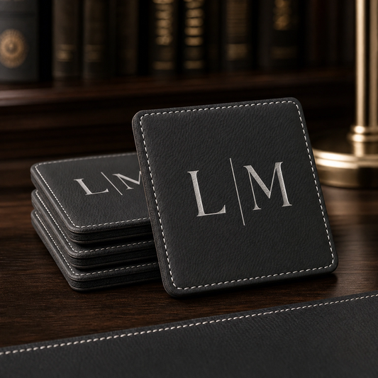 Custom engraved leatherette coasters set of 4 — personalized housewarming gift