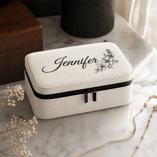 Custom engraved leatherette jewelry case — personalized bridesmaid and anniversary gift