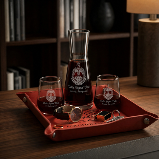 Delta Sigma Theta Custom Engraved Executive Bar Set — Decanter & Catch-All Tray