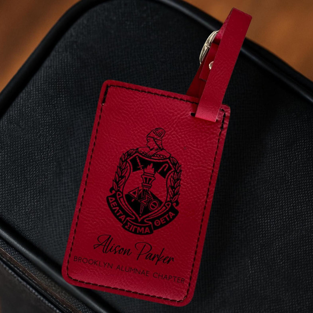 Custom Engraved Delta Sigma Theta Leather Luggage Tags - Personalized Black Engraved Travel Accessory, DST Sorority Gift