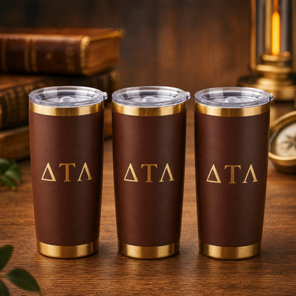 Three brown tumblers with gold rims and 'DTL logo on a wooden surface.