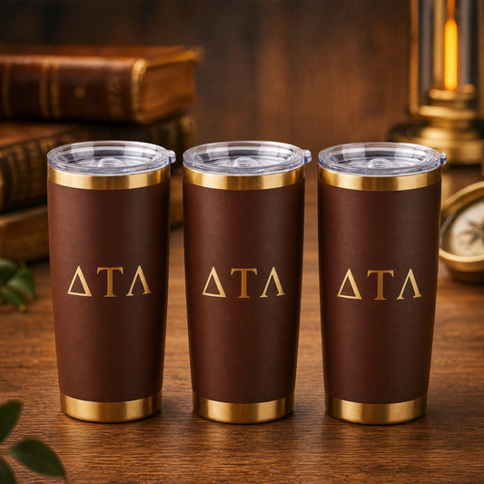 Three brown tumblers with gold rims and 'DTL logo on a wooden surface.