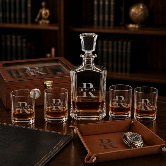 Executive bar set — engraved whiskey decanter with 4 glasses, humidor and catch-all tray corporate gift