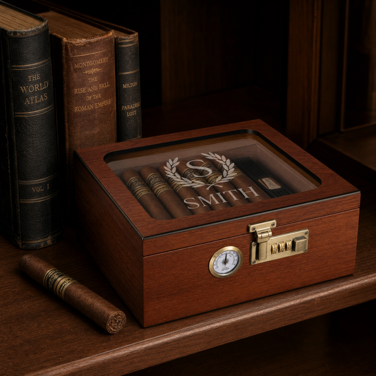 Custom engraved wood humidor on library shelf — personalized executive cigar gift