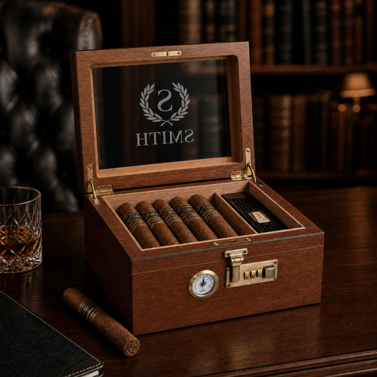 Custom engraved humidor — engraving detail close-up