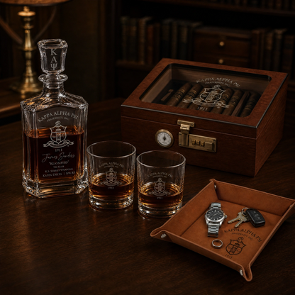 Kappa Alpha Psi Custom Engraved Executive Bar Set — Decanter, Humidor & Catch-All Tray