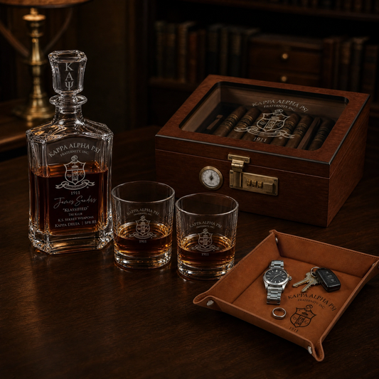Kappa Alpha Psi Custom Engraved Executive Bar Set — Decanter, Humidor & Catch-All Tray