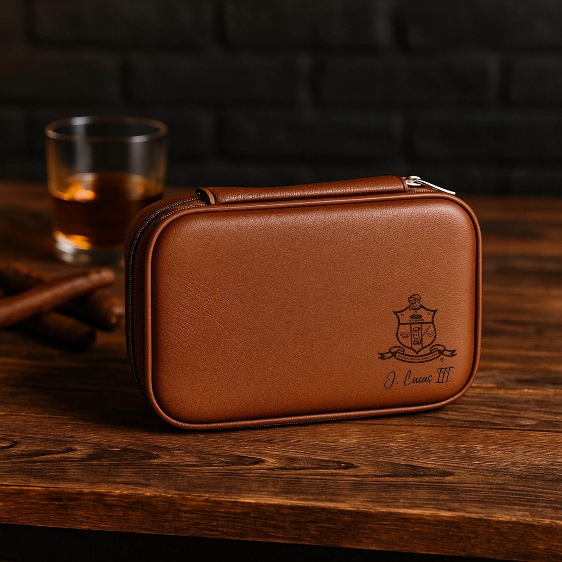 Custom Engraved Kappa Alpha Psi Leather Travel Case – Personalized Engraved Cigar Holder, Father's Day, Kappa Travel Humidor