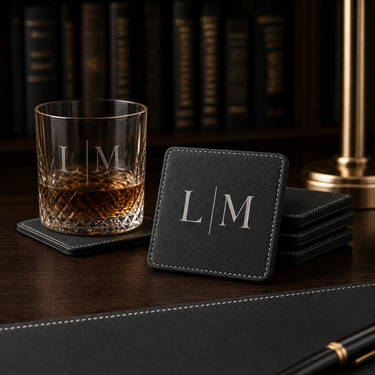 Custom engraved leatherette coaster — engraving detail