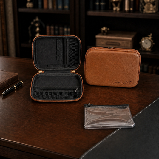 Custom engraved Legacy Case color options — gray, black and brown leatherette