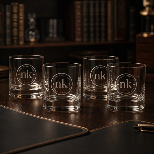 Custom engraved lowball glass with whiskey — engraving detail