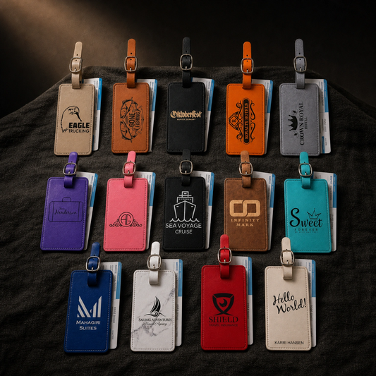 Custom engraved luggage tag — engraving detail close-up