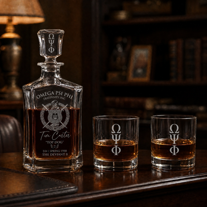 Omega Psi Phi Custom Engraved Executive Bar Set — Decanter, Humidor & Catch-All Tray