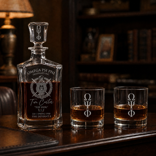 Omega Psi Phi Custom Engraved Decanter Set