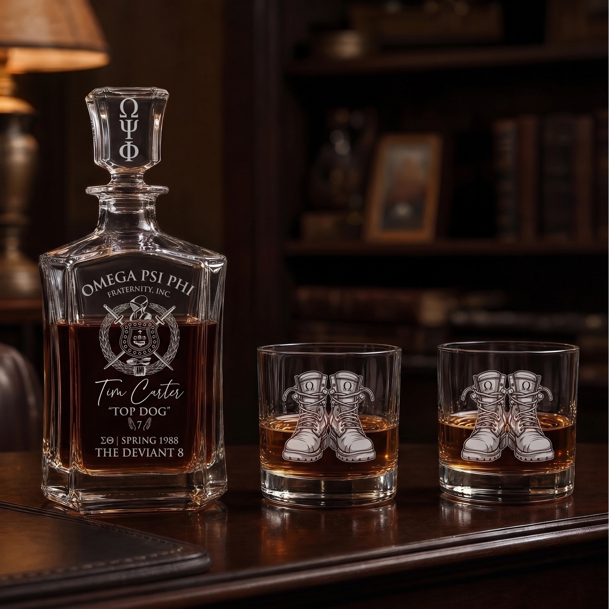 Omega Psi Phi Custom Engraved Decanter Set