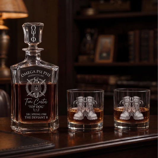 Omega Psi Phi Custom Engraved Decanter Set