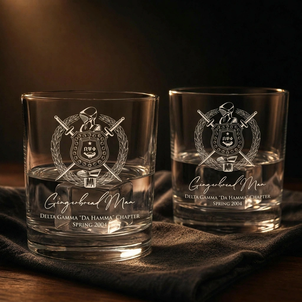 Omega Psi Phi Custom Engraved Lowball Glasses