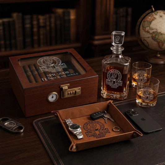Omega Psi Phi Custom Engraved Executive Bar Set — Decanter, Humidor & Catch-All Tray