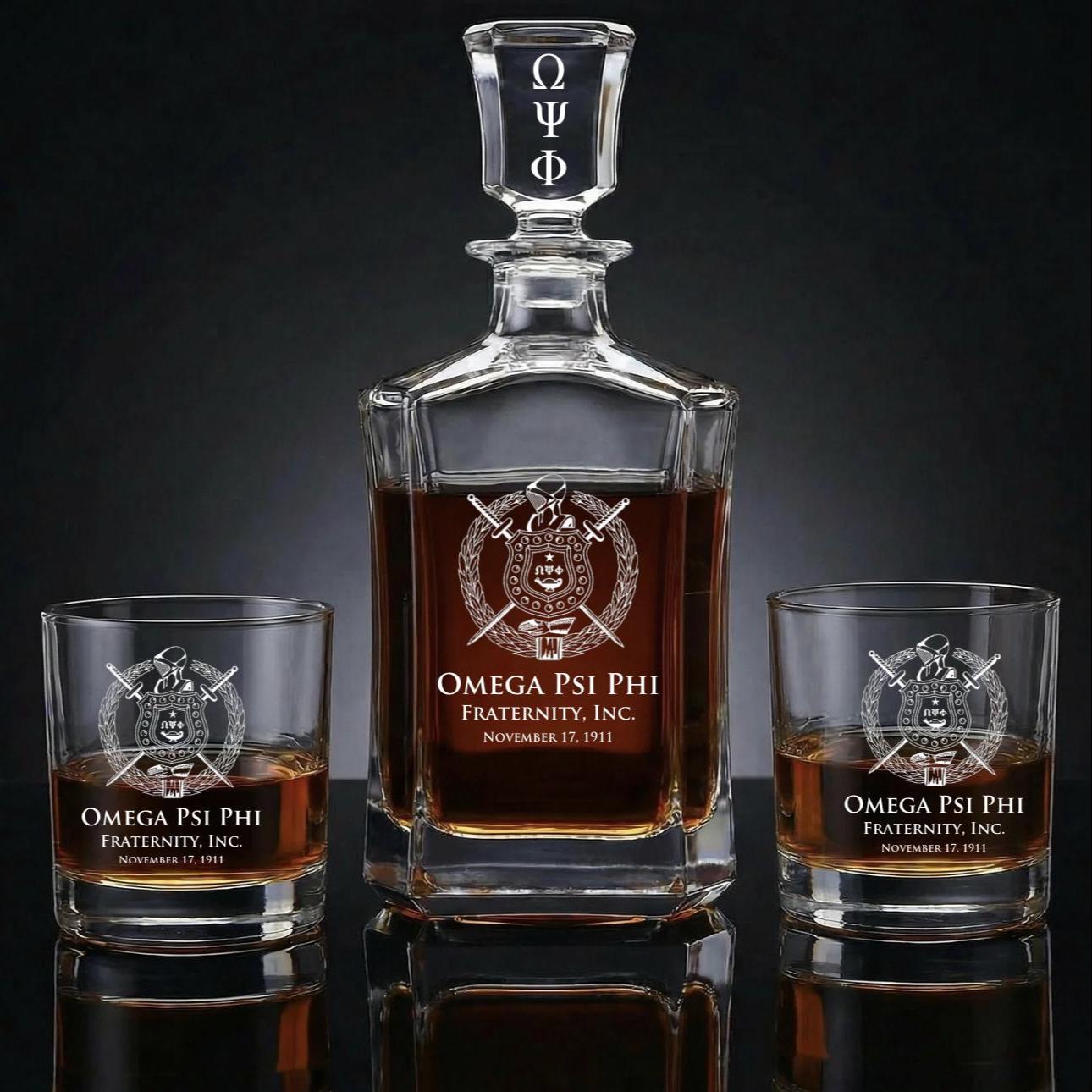 Omega Psi Phi Custom Engraved Decanter Set - nuvisionkreations