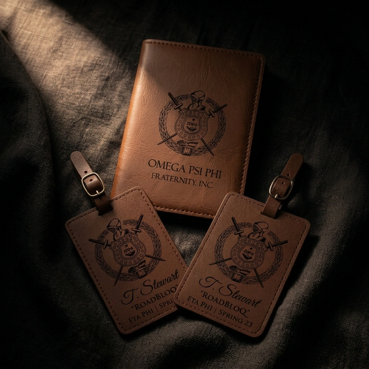 Omega Psi Phi Custom Engraved Travel Set — Passport Cover + Luggage Tags