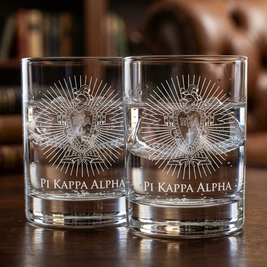 Two clear glasses with engraved Pi Kappa Alpha design on a wooden surface.