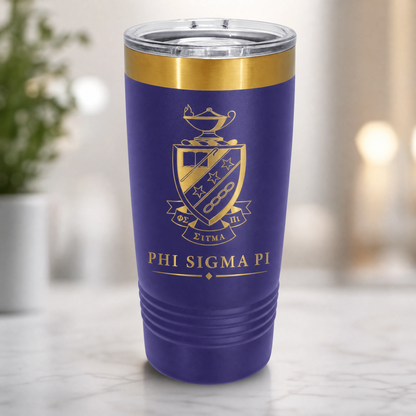 Purple tumbler with gold accents featuring Phi Sigma Pi logo on a blurred background