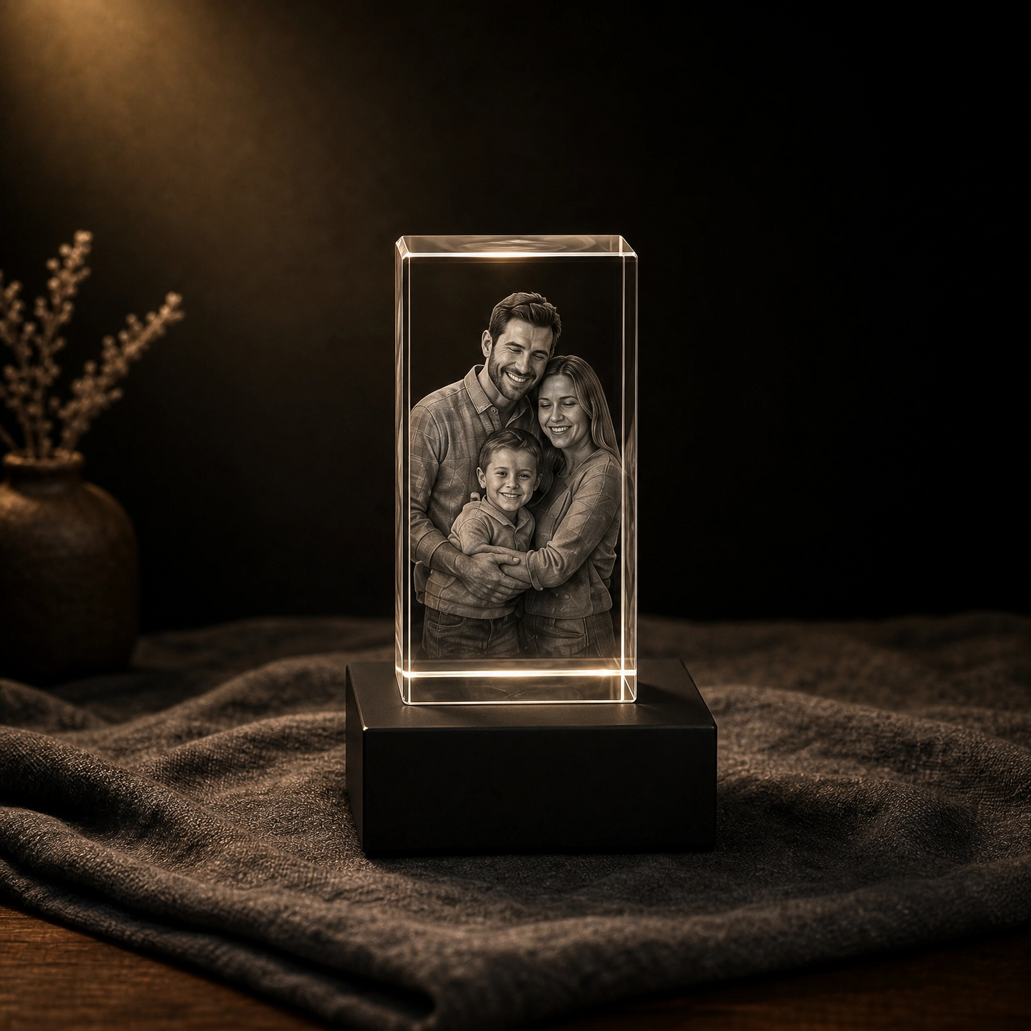 Custom 3D laser engraved photo crystal with LED base — personalized memorial and award gift