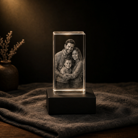 Custom 3D laser engraved photo crystal with LED base — personalized memorial and award gift