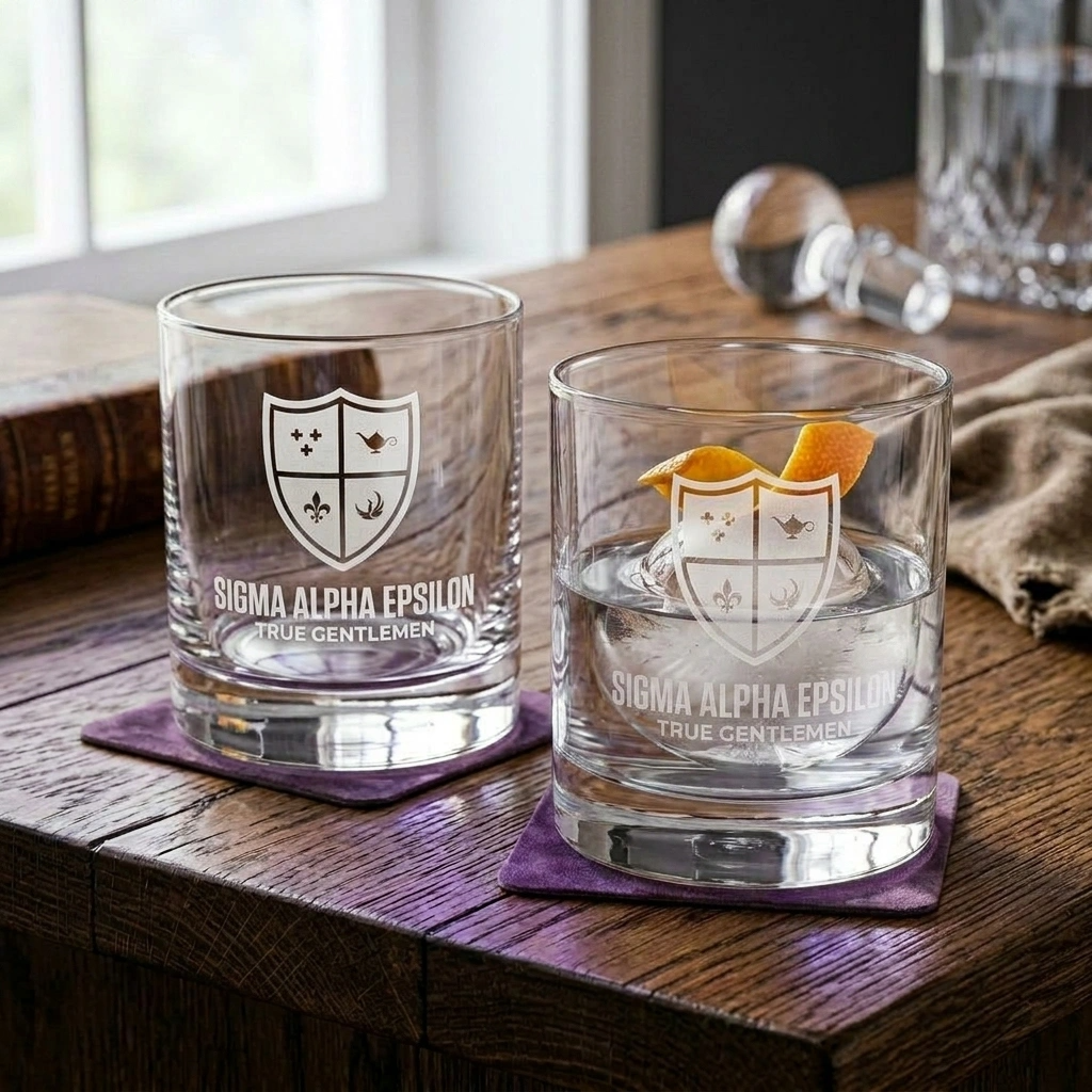 Two glass tumblers with Sigma Alpha Epsilon logo on a wooden table.