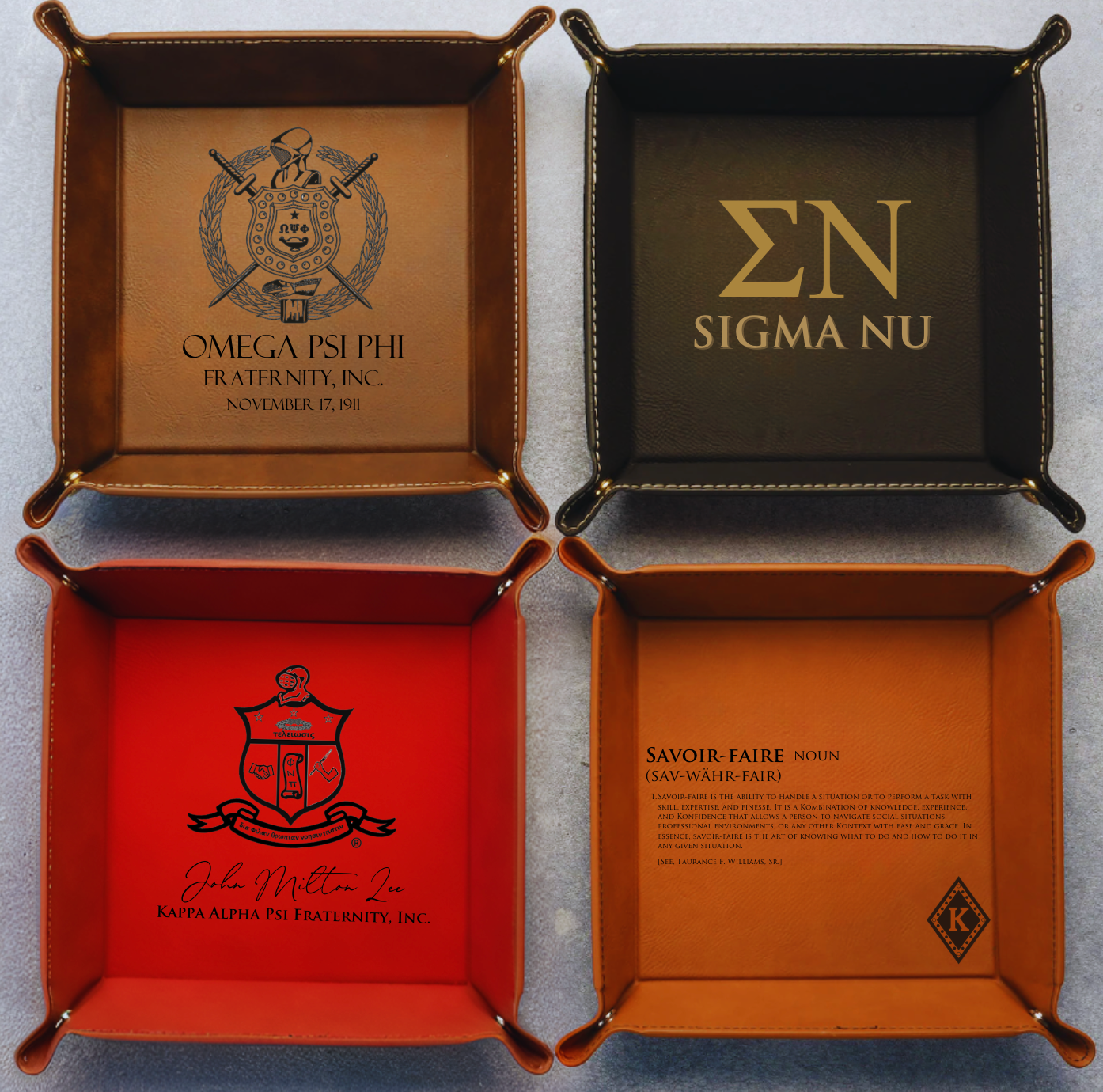 Personalized Greek Leather Valet Tray | Custom Engraved Greek Catchall Organizer